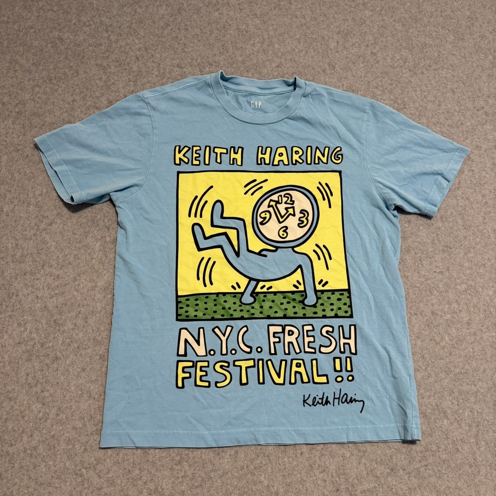 Gap Keith Haring T Shirt NYC Fresh Festival Pop Art Clock Blue Men's Size S